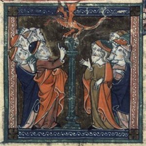Serpent d’Airain, Fol. 77v. Guiard des Moulins, Bible historiale, France, Saint-Omer, XIVe siècle.