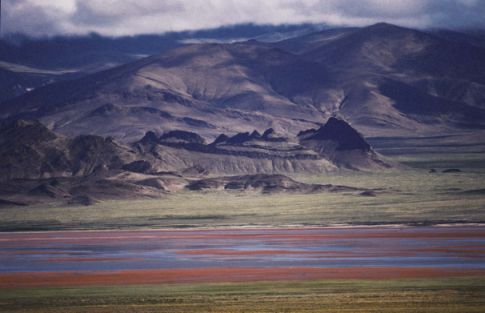 Lac rose, près de Gerze, Tibet. Comme dans les "salars" de l’Altiplano chilien, certains lacs tibétains prennent des couleurs saumonées. les grés plissés sont les plus vieux du Tibet. Leur dépôt a accompagné les premiers instants de collision.