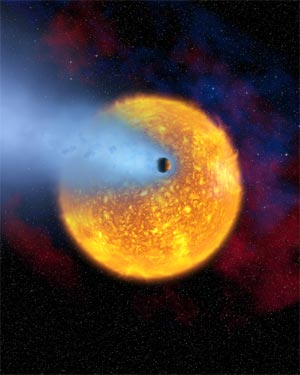 Vue d’artiste de l’évaporation de la planète extra-solaire HD209458B, passant devant son étoile.