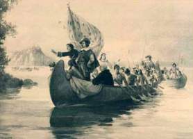 Champlain et Amérindiens en canot