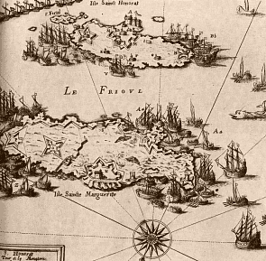 Carte de la reprise par les français en 1637 des ïles Saintes Marguerite aux Espagnols