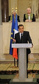 Le président de la République Nicolas Sarkozy, à l’Académie des sciences morales et politiques, le 7 octobre 2008, sous la Coupole de l’Institut de France