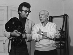 Lucien Clegue et Picasso, sur le tournage du film Picasso, guerre, amour et paix, Mougins, 1969