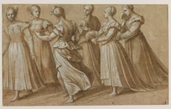 Girolamo di Tommaso, dit Girolamo da Treviso (Trévise, 1408 - Boulogne-sur-Mer, 1544), Six femmes marchant vers la gauche, deux tenant un éventail