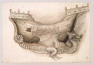 Pisanello (dit), Antonio di Puccio di Giovanni (Vérone ou San Vigilio, 1394 ? - ?, 1450\/1455), Coque d’un navire portée par un dragon et esquisse d’un dragon