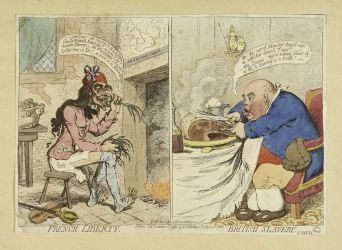 Liberté française. Esclavage britannique James Gillray Eau-forte coloriée, 21 déc. 1792 Musée Carnavalet © Musée Carnavalet \/ Roger-Viollet