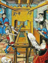 Imprimerie du XVe siècle. Grâce à François Ier, les imprimeries françaises se perfectionnent et atteignent une importance de premier ordre dans l’univers intellectuel