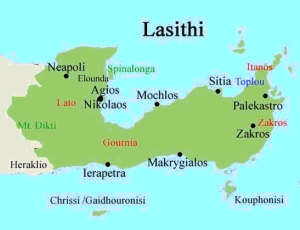 Carte détaillée du Golf de Mirabello avec Aghios Nikolaos et Neapolis près de laquelle se trouve Dréros.