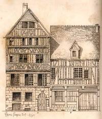 Les frères Corneille avaient chacun leur maison ! A gauche, celle de Pierre, à droite celle de Thomas. Dessin de Polyclès Langlois en 1841