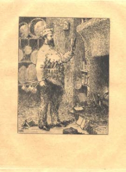 Ex-libris de Georges Vicaire représenté en cuisinier, un livre ouvert dans la main gauche et une plume dans la main droite, il surveille un rôt embroché dans la cheminée. Sur les étagères, on aperçoit des livres et une palette de peintre.