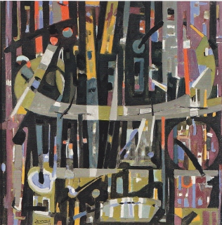 Jean Bertholle, "La ville" 1957, huile sur toile, 103 X 103 cm, collection particulière