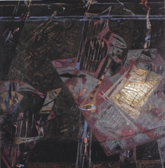 Jean Bertholle, "Table avec partition et instruments de musique, 1974, huile sur bois, 91 X 91 cm, Collection Daniel J. Gachet