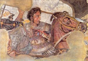 Alexandre le Grand sur son cheval Bucéphale, détail de la mosaïque romaine de Pompéi représentant la bataille d’Issos, musée national archéologique de Naples