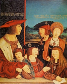 L’Empereur Maximilien avec son fils Philippe le beau, sa femme Marie de Bourgogne, ses petit-fils Ferdinand et Charles Quint, et Louis II de Hongrie (époux de sa petite fille Marie)