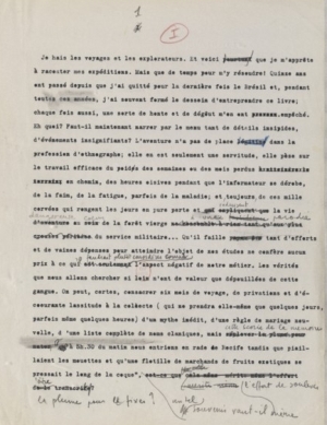 Le célèbre incipit de Tristes Tropiques de Claude Lévi-Strauss, NAF 28150 (9), f. 1.