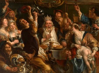Jacques Jordaens (Anvers, 1593 – Anvers, 1678) Le roi boit Dans ce qui est peut-être la version la plus compacte d’un des sujets typiques de Jordaens,  une joyeuse compagnie – disposée selon une spirale centrifuge de verres levés – fête l’Epiphanie au milieu des bruits de vaisselle et au cri de « Le roi boit ». Les figures de Jordaens reposent sur des portraits de lui-même et de membres de sa famille. Le personnage qui vomit dans l’angle inférieur gauche en renversant une desserte chargée de vaisselle –