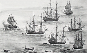 Parade navale organisée par Maurepas. Maurepas fut ministre de la Maison du Roi (1718-1749) et Secrétaire d’Etat à la Marine (1723-1749).