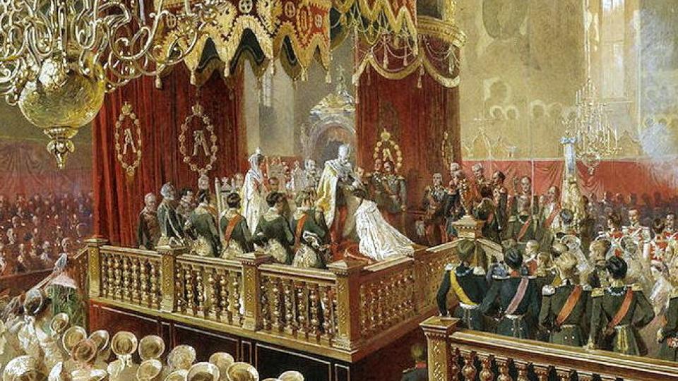 Вступление монарха на престол называют. Картина с изображением царствующих особ. Российский Монарх в период правления которого произошло. Назовите изображенного на картине монарха. Назовите российского монарха изображённого в центре картины.